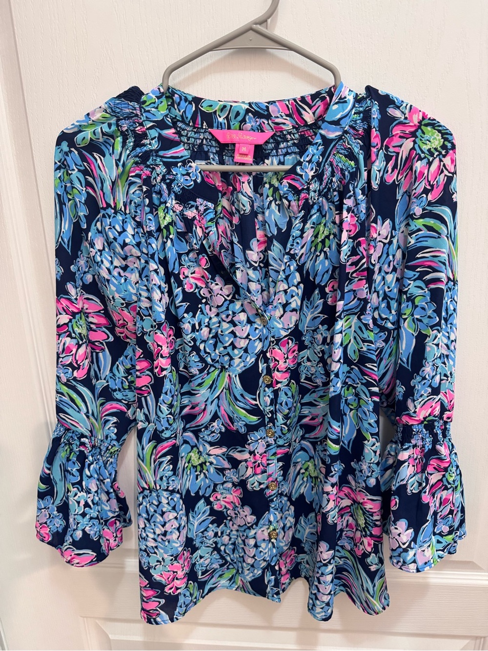 Lilly Pulitzer Navy Floral Peasant Blouse - Pink, Blue & Green